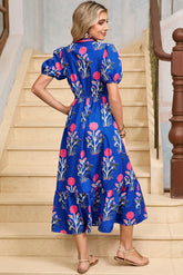 Sky Blue Floral Ruffle Hem Pop of Color Neckline Dress
